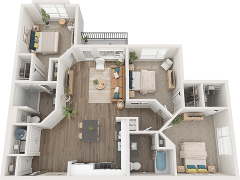 Floor plan for 3 beds, 2 baths, 1302 sqft